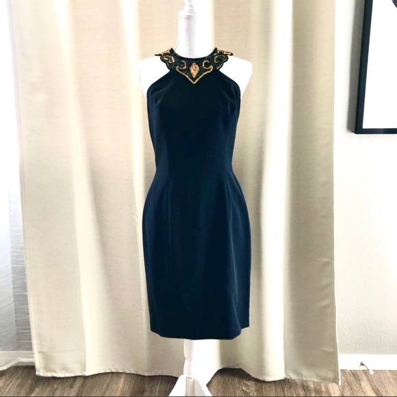 Vintage Black Gold Sequined Beaded Cocktail Dress - Picture 2 of 8